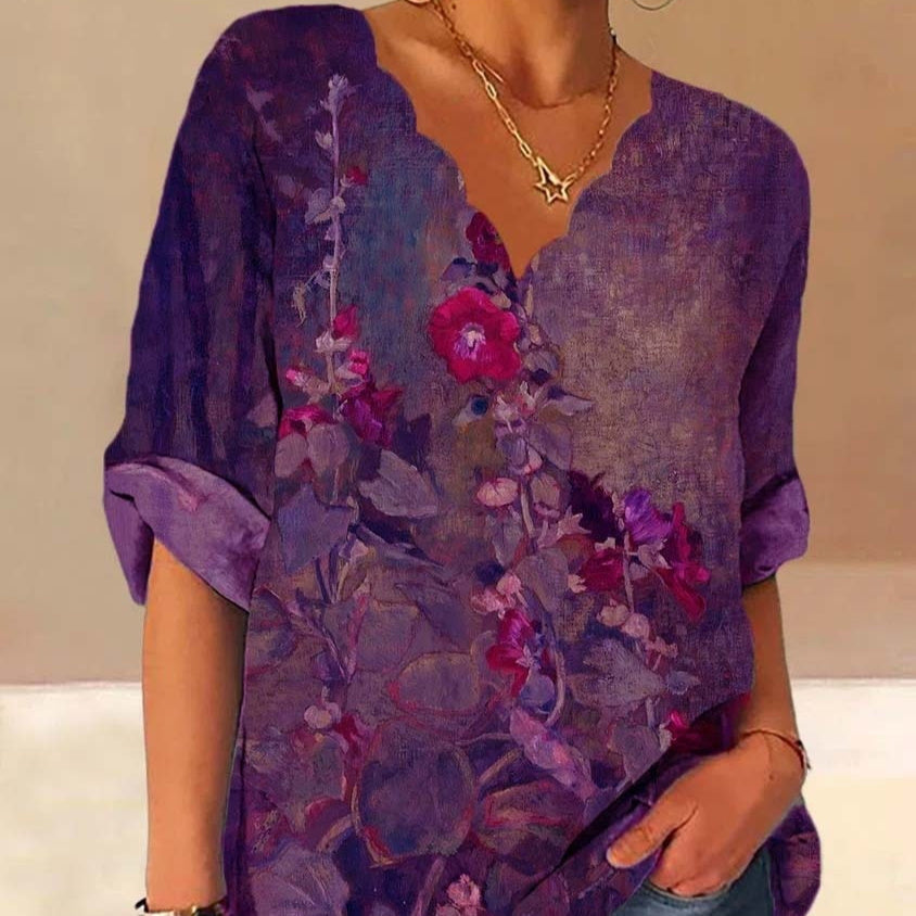 European And American Autumn Fluted Collar Cotton And Linen Retro Printed Shirt Women