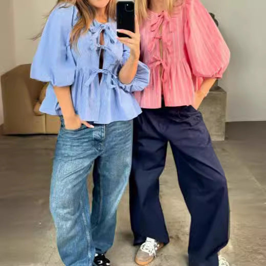 Vertical Striped Bow Lace-up Shirt Loose Round Neck Half Sleeve Shirt