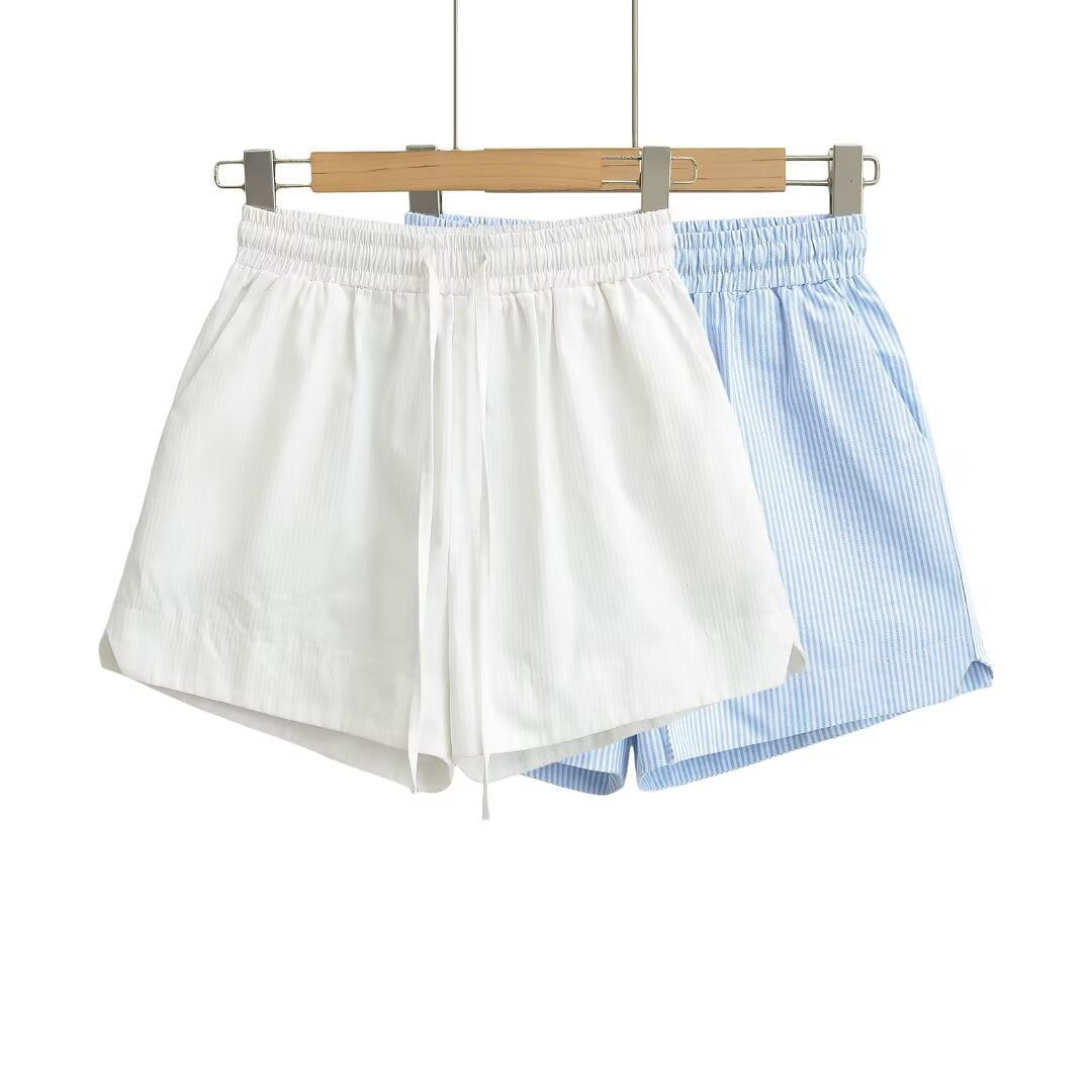 Summer Retro White High-waist Loose Drawstring Shorts Women's Fashion Casual