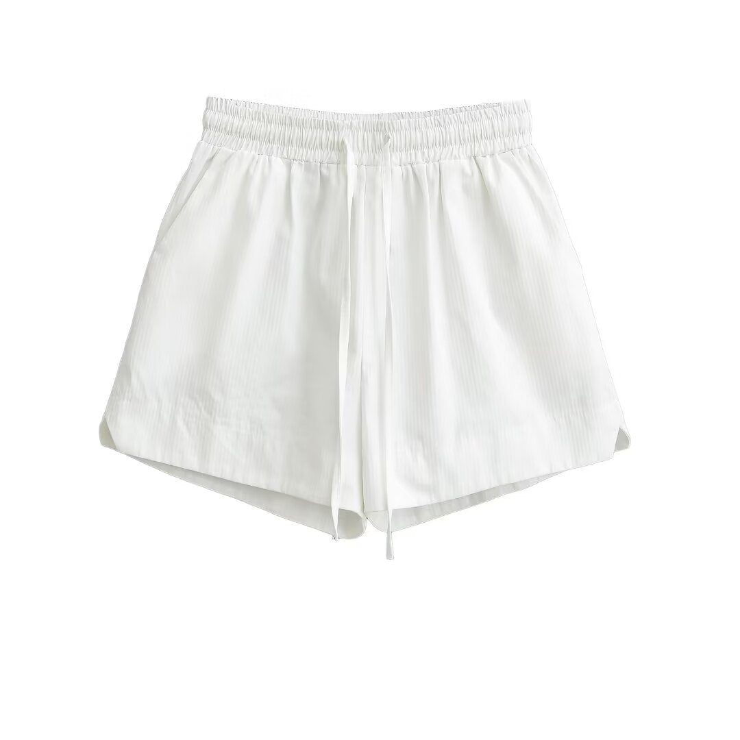 Summer Retro White High-waist Loose Drawstring Shorts Women's Fashion Casual