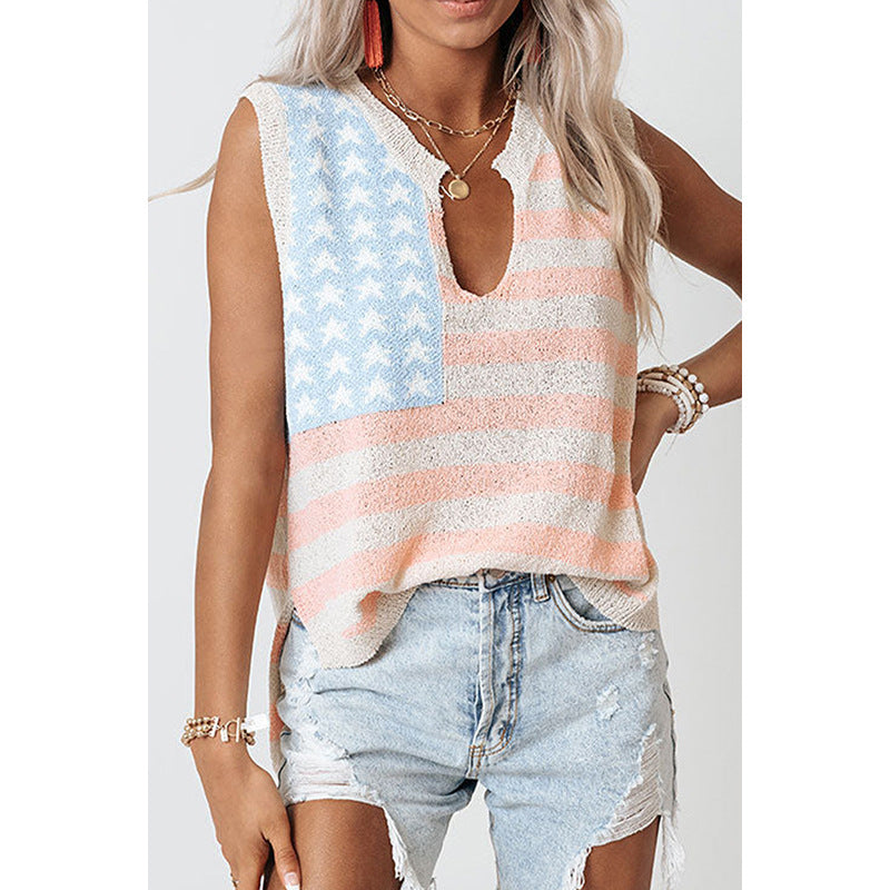 Flag Print Knitted Vest Women's Fashion Loose V-neck Sleeveless Top