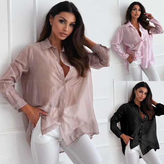 Simple Fashion Solid Color Rhinestone Long-sleeved Shirt Women's Clothing
