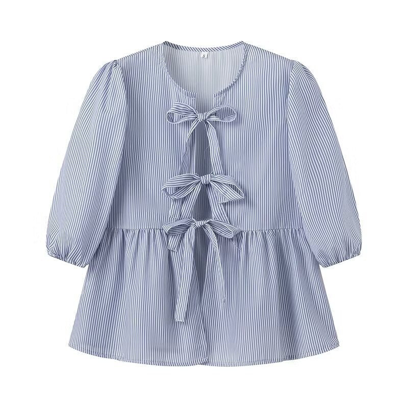 Vertical Striped Bow Lace-up Shirt Loose Round Neck Half Sleeve Shirt