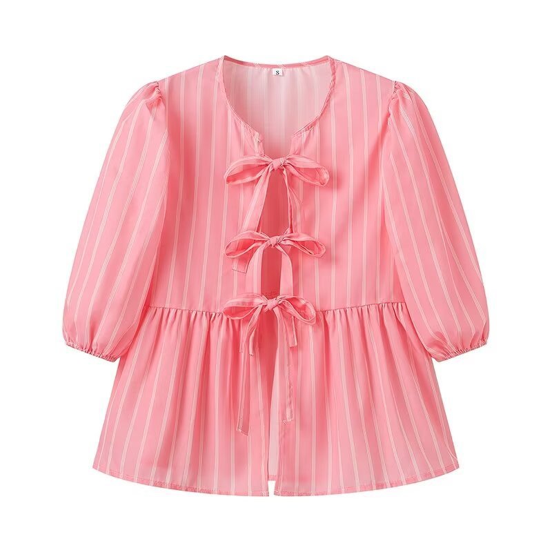 Vertical Striped Bow Lace-up Shirt Loose Round Neck Half Sleeve Shirt