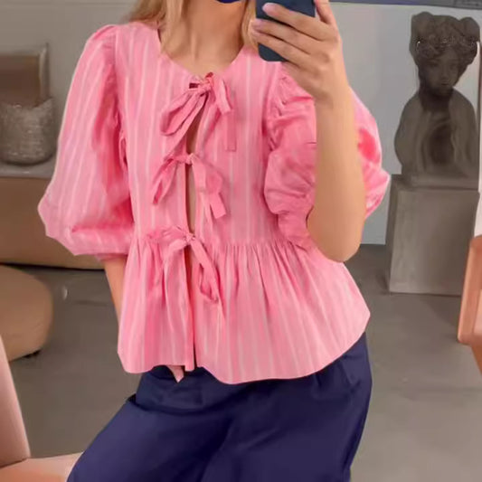 Vertical Striped Bow Lace-up Shirt Loose Round Neck Half Sleeve Shirt
