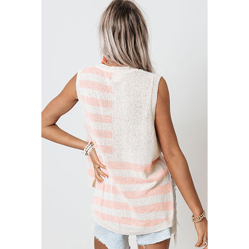 Flag Print Knitted Vest Women's Fashion Loose V-neck Sleeveless Top