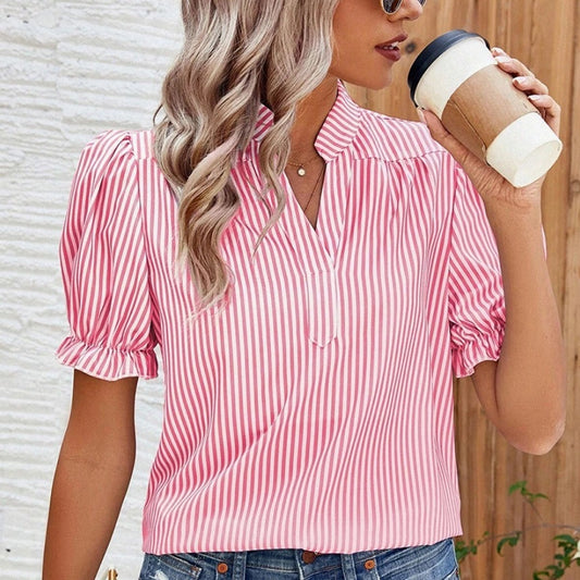 Pullover V-neck Ruffle Sleeve Top Women's Striped Chiffon Shirt