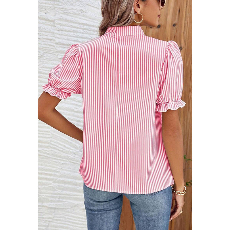 Pullover V-neck Ruffle Sleeve Top Women's Striped Chiffon Shirt