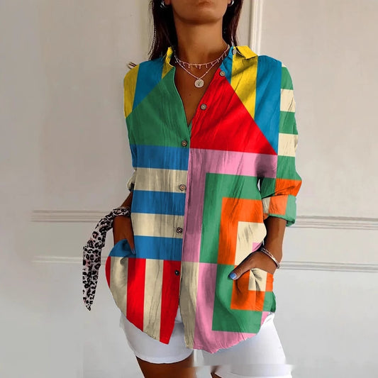 Striped Long-sleeved Shirt Women's Rainbow Cardigan Contrast Color Coat Lapel