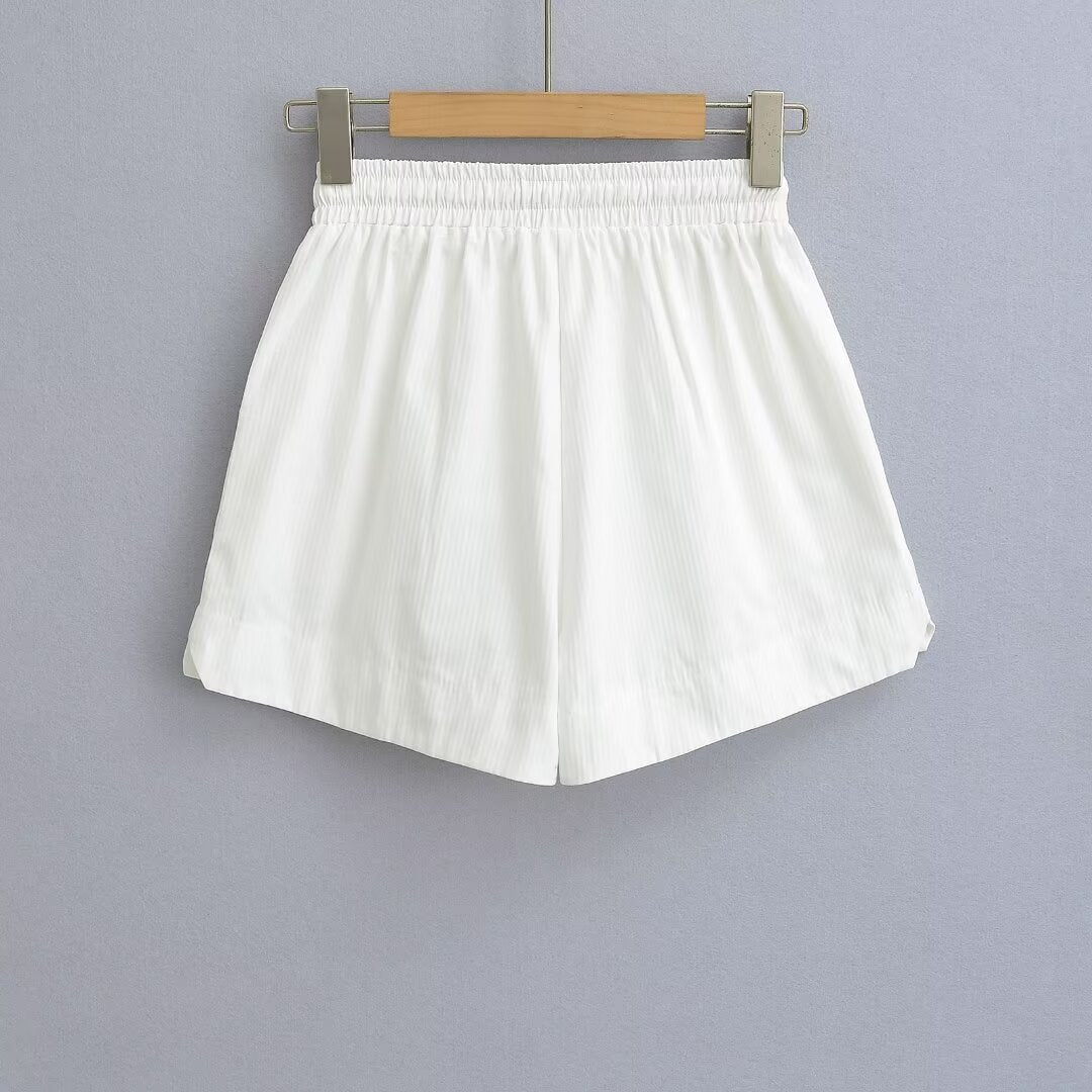 Summer Retro White High-waist Loose Drawstring Shorts Women's Fashion Casual