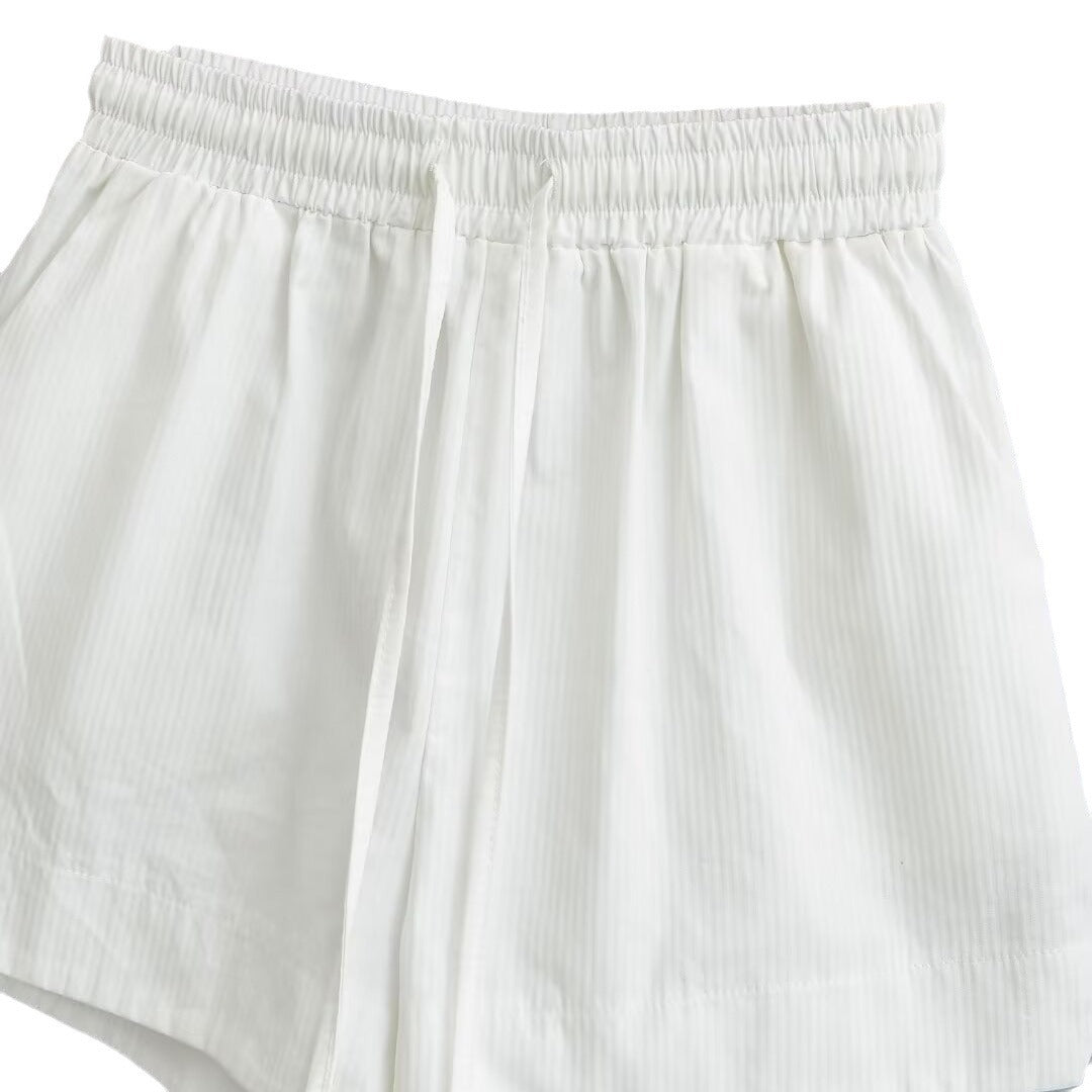 Summer Retro White High-waist Loose Drawstring Shorts Women's Fashion Casual
