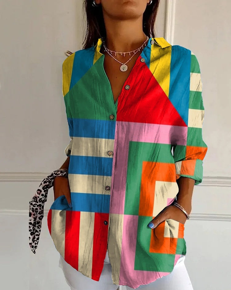 Striped Long-sleeved Shirt Women's Rainbow Cardigan Contrast Color Coat Lapel