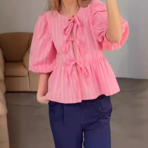 Vertical Striped Bow Lace-up Shirt Loose Round Neck Half Sleeve Shirt