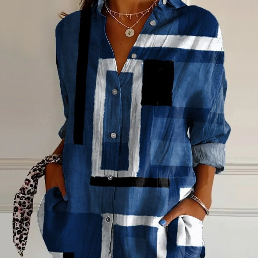 Striped Long-sleeved Shirt Women's Rainbow Cardigan Contrast Color Coat Lapel