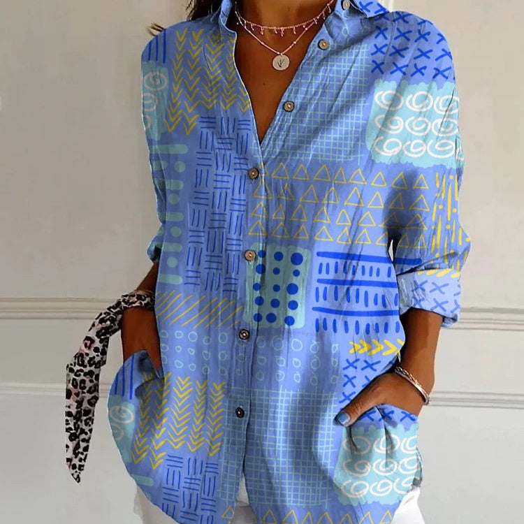 Striped Long-sleeved Shirt Women's Rainbow Cardigan Contrast Color Coat Lapel