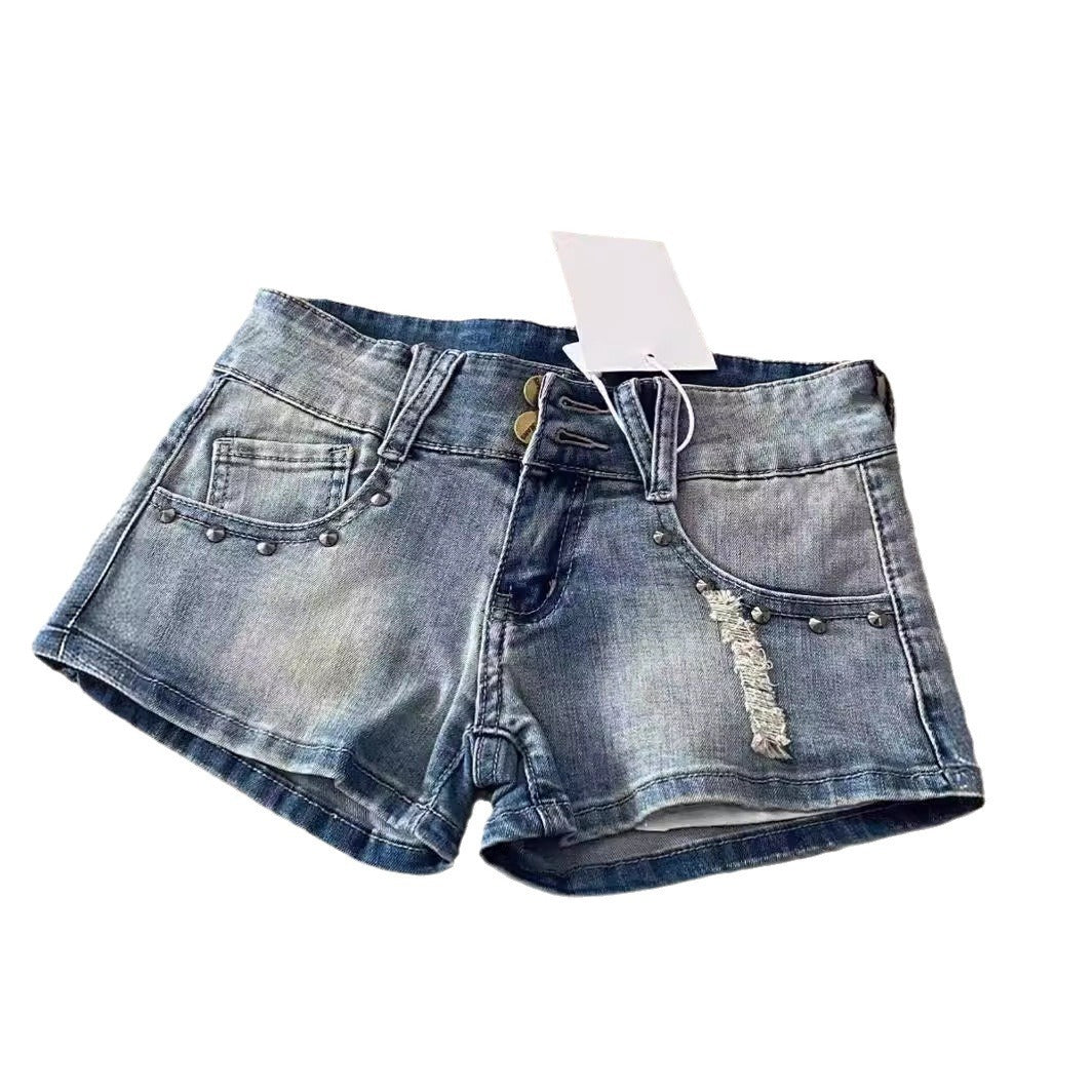 Fashionable Light Color Retro Denim Shorts For Women