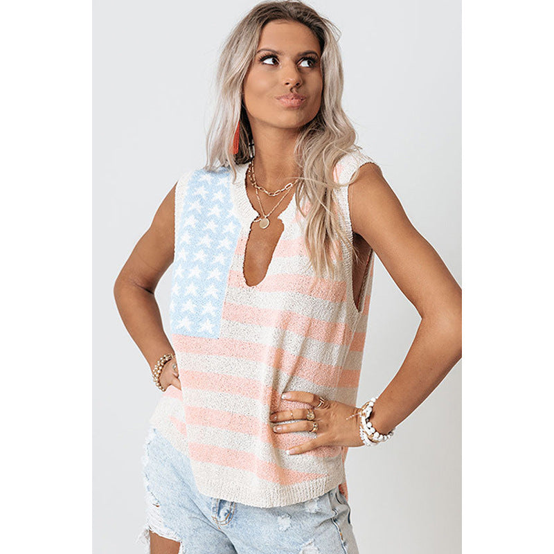 Flag Print Knitted Vest Women's Fashion Loose V-neck Sleeveless Top