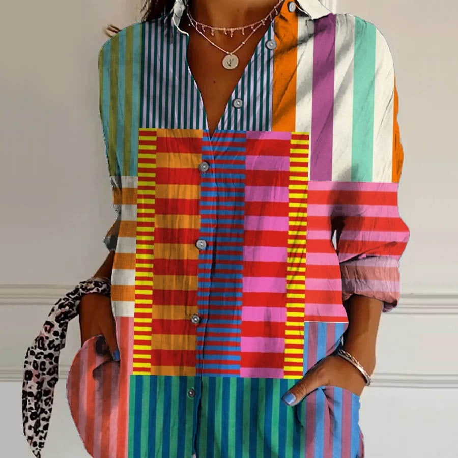 Striped Long-sleeved Shirt Women's Rainbow Cardigan Contrast Color Coat Lapel
