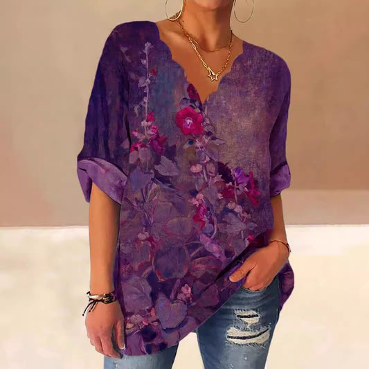 European And American Autumn Fluted Collar Cotton And Linen Retro Printed Shirt Women
