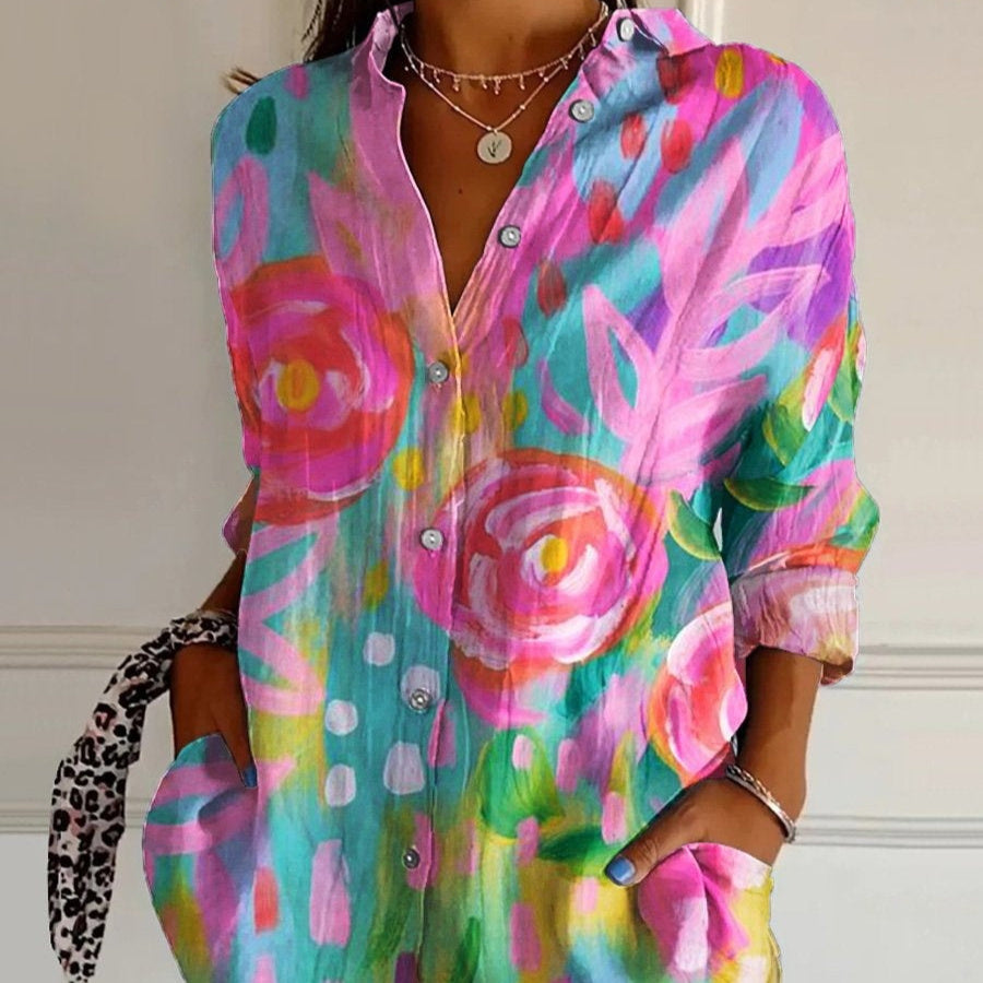 Striped Long-sleeved Shirt Women's Rainbow Cardigan Contrast Color Coat Lapel