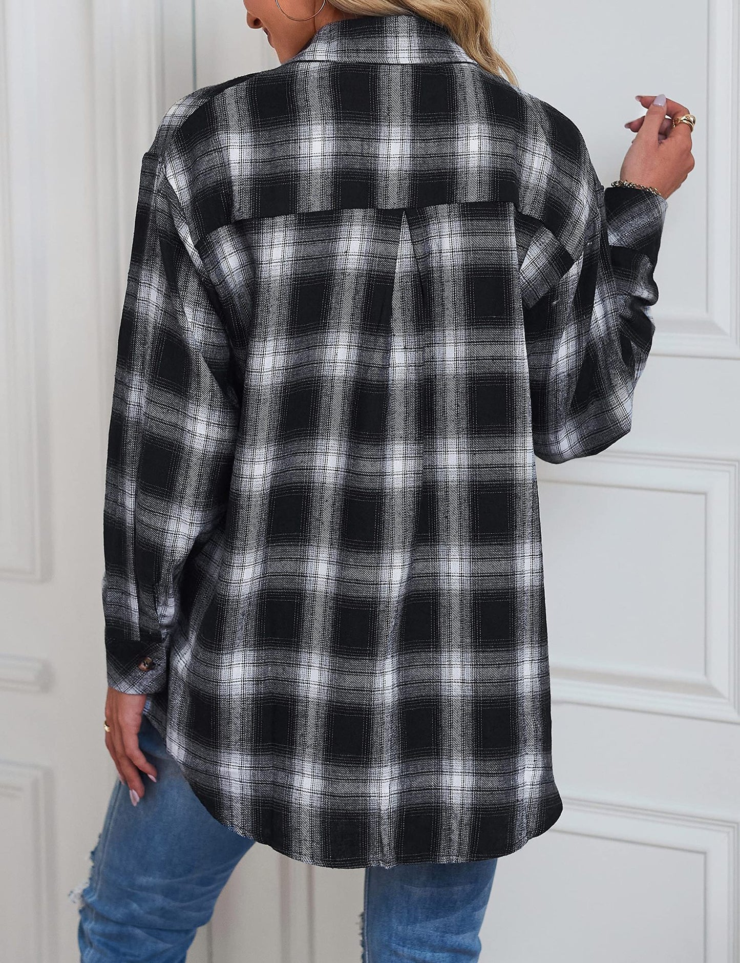 Plaid Long Sleeve Pocket Button Shirt Mid-length