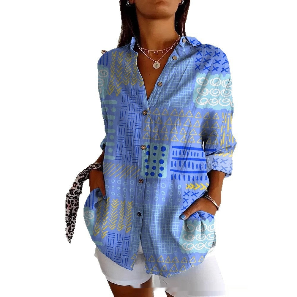 Striped Long-sleeved Shirt Women's Rainbow Cardigan Contrast Color Coat Lapel