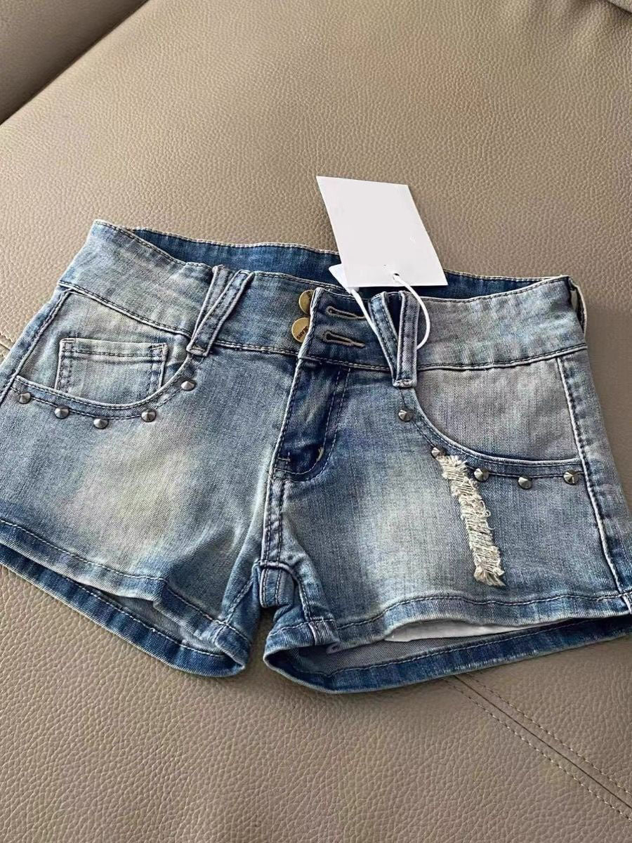 Fashionable Light Color Retro Denim Shorts For Women