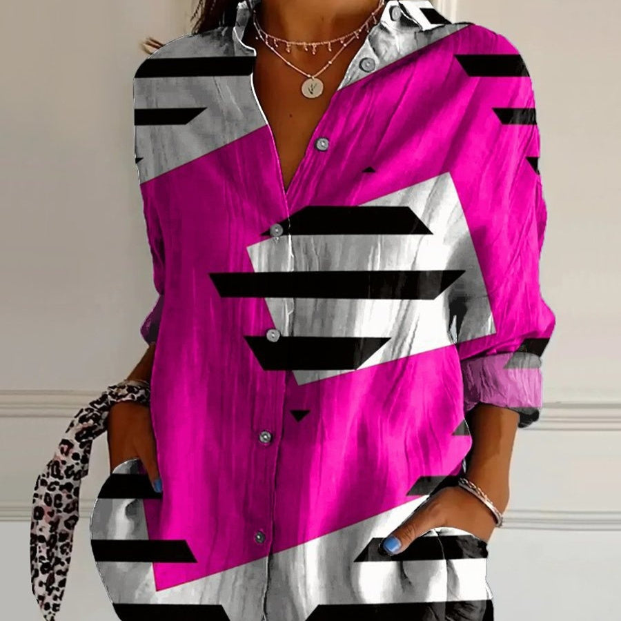Striped Long-sleeved Shirt Women's Rainbow Cardigan Contrast Color Coat Lapel