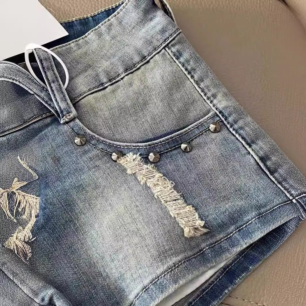 Fashionable Light Color Retro Denim Shorts For Women